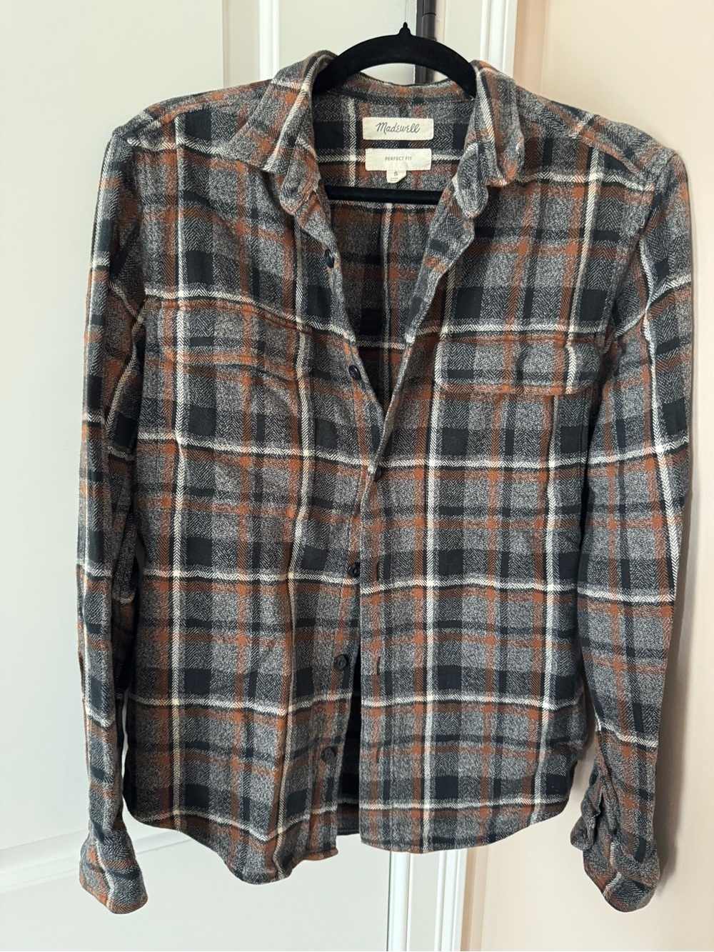 Madewell Gray and Rust Plaid Flannel Shirt